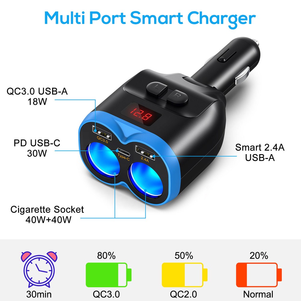 2-Way Car Cigarette Lighter Socket Splitter, 5 in 1 Power Adapter, Quick Charge