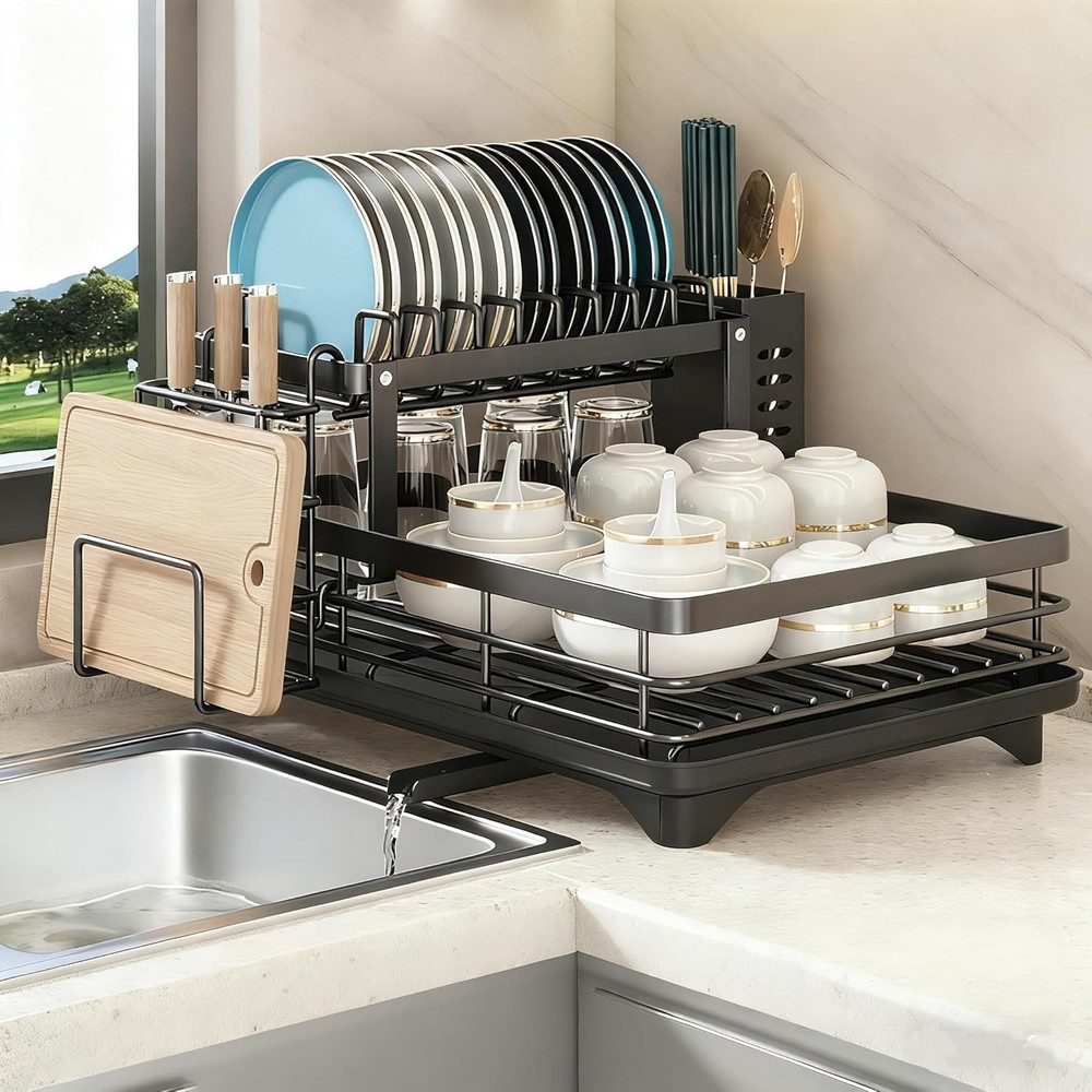 Dish Drying Rack 2-Tier Auto Draining Dish Drying Rack for Kitchen Counter