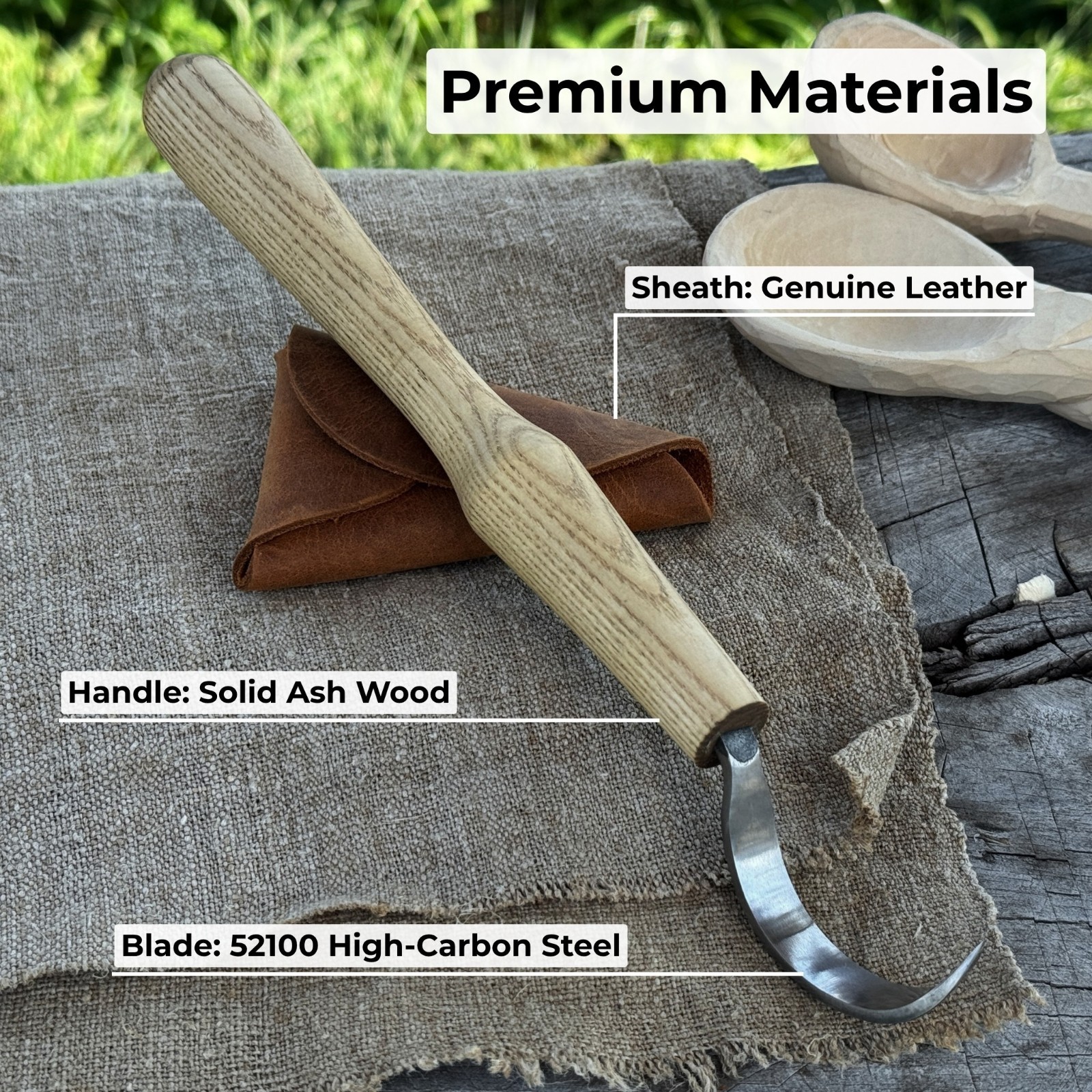 Long Hook Carving Knife 2.36'' Blade For Bowls Spoons Carbon Steel Ash Handle