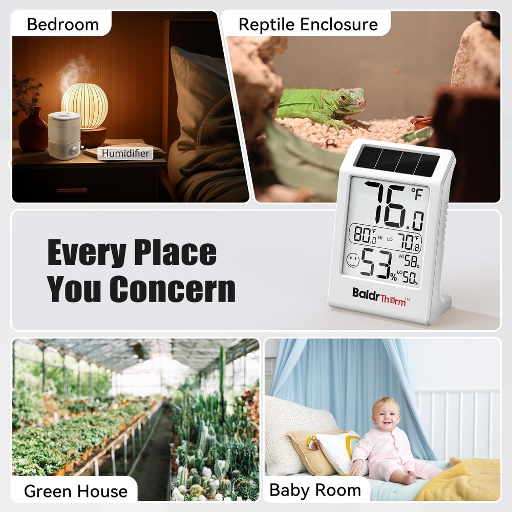 Solar-Powered 3.2'' Digital Thermometer with Max/Min Readings - 1 Support