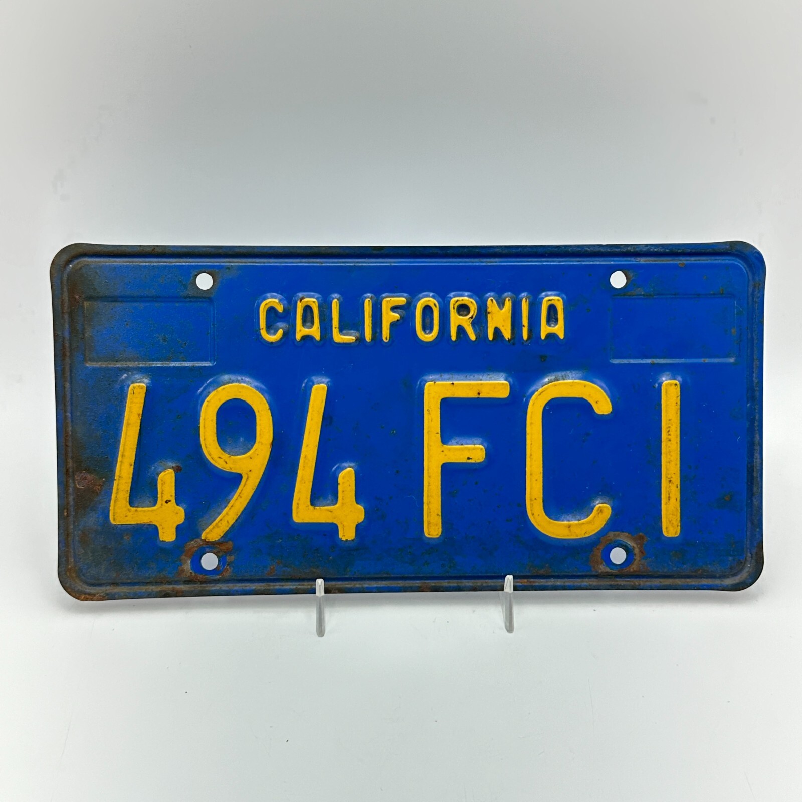 CALIFORNIA License Plate 494 FCI VTG Blue Yellow 6 Digit Car Truck Garage Decor