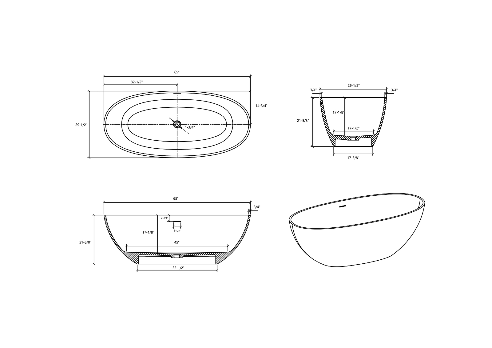 65" Bathroom Freestanding Stone Resin Bathtub Solid Surface Soaking Bath Tub NEW