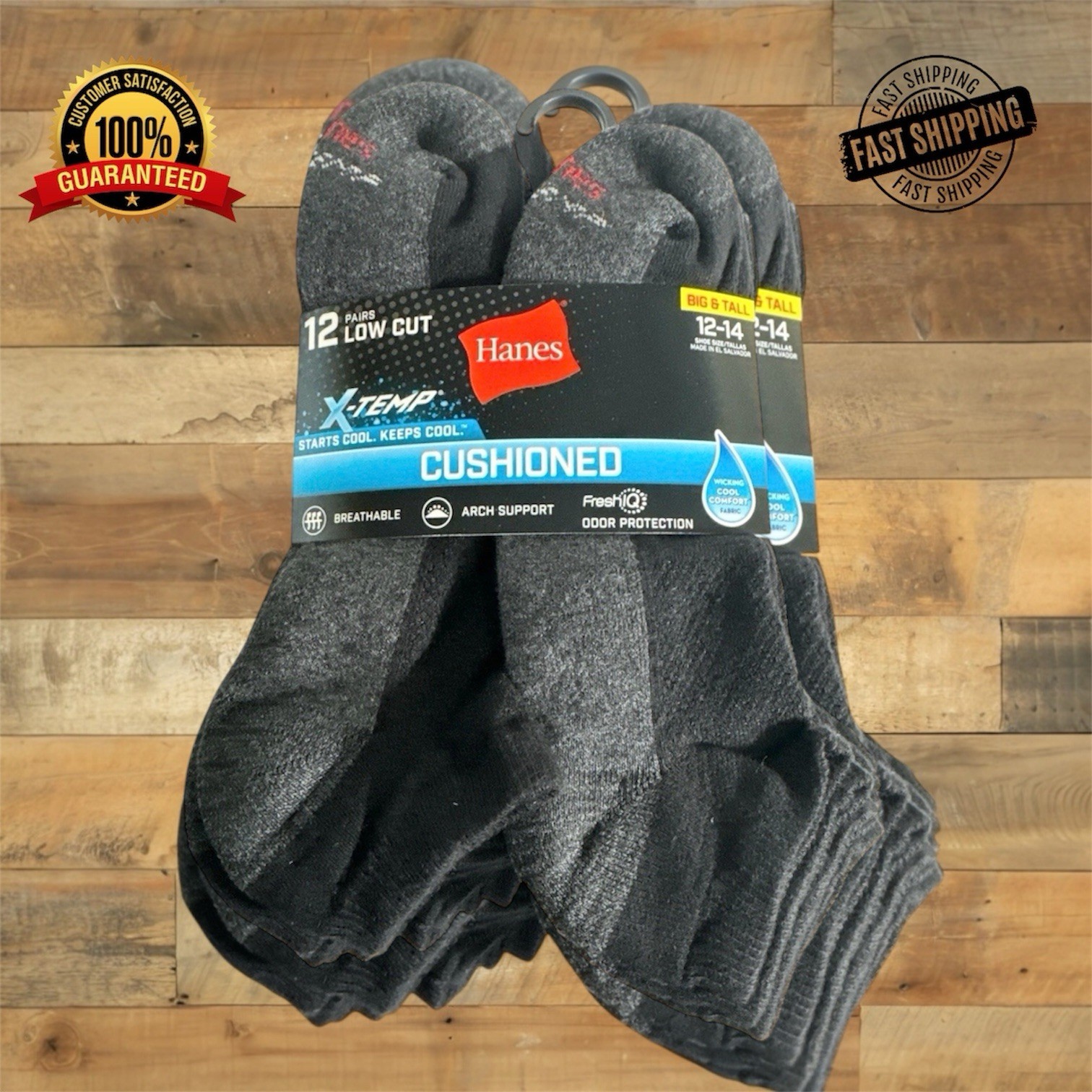 Hanes Mens Socks X-temp, Cushioned Lowcut 12-pk, Black, Big and Tall Sz 12-14 US