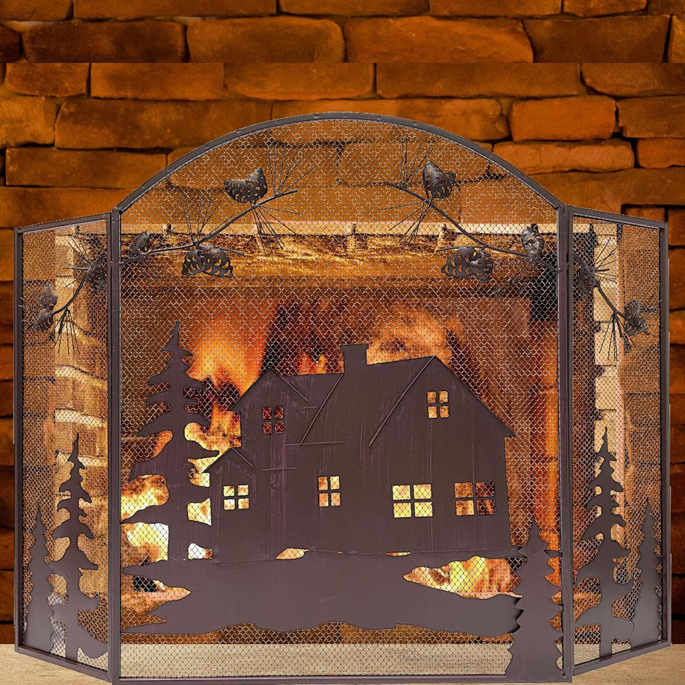 Rustic 3-Panel Fireplace Screen with Pine Cone Metal Mesh Design