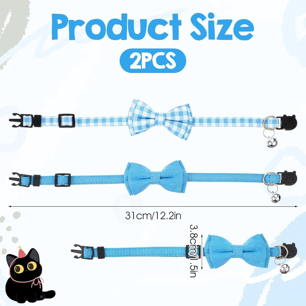 2pc Bow Tie Cat Collar with Bell Breakaway Blue Plaid & Solid Kitten Boy Set