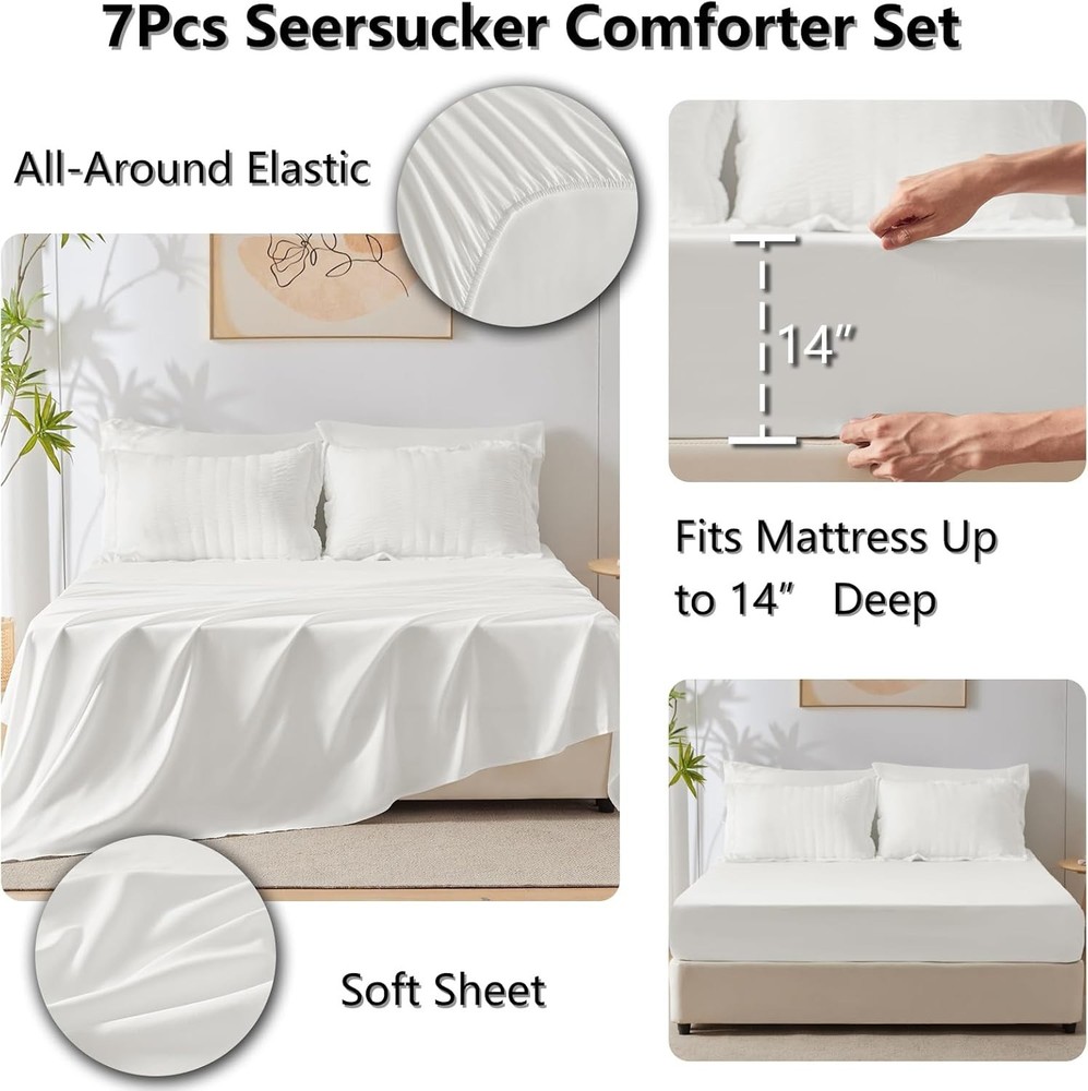 White Seersucker Queen Comforter Set 7 Pieces