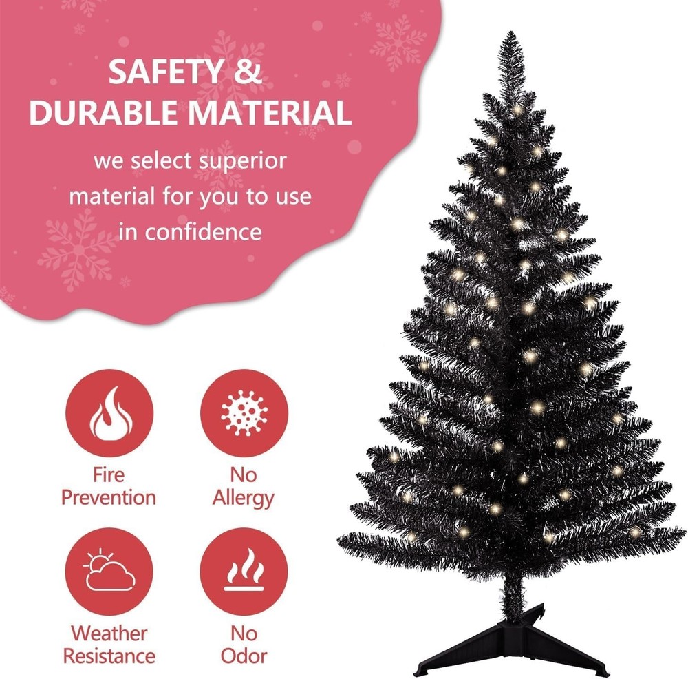 4ft Lighted Artificial Black Christmas Tree, Not Pre-lit Black Tinsel Pine Tr...