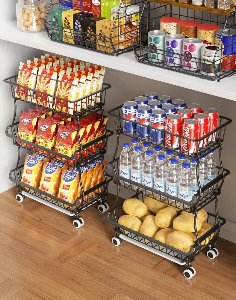 3-Tier Rolling Pantry Floor Organizer and Storage Cart with Wheels, Stackable...