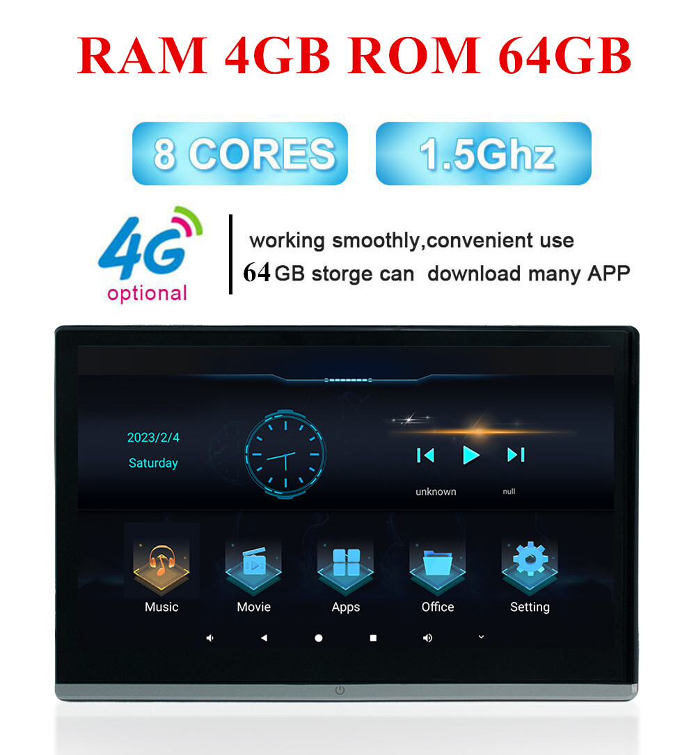 13.3''Car Rear Headrest TV Monitor 4+64GB WIFI Bluetooth Rotatable Screen Player