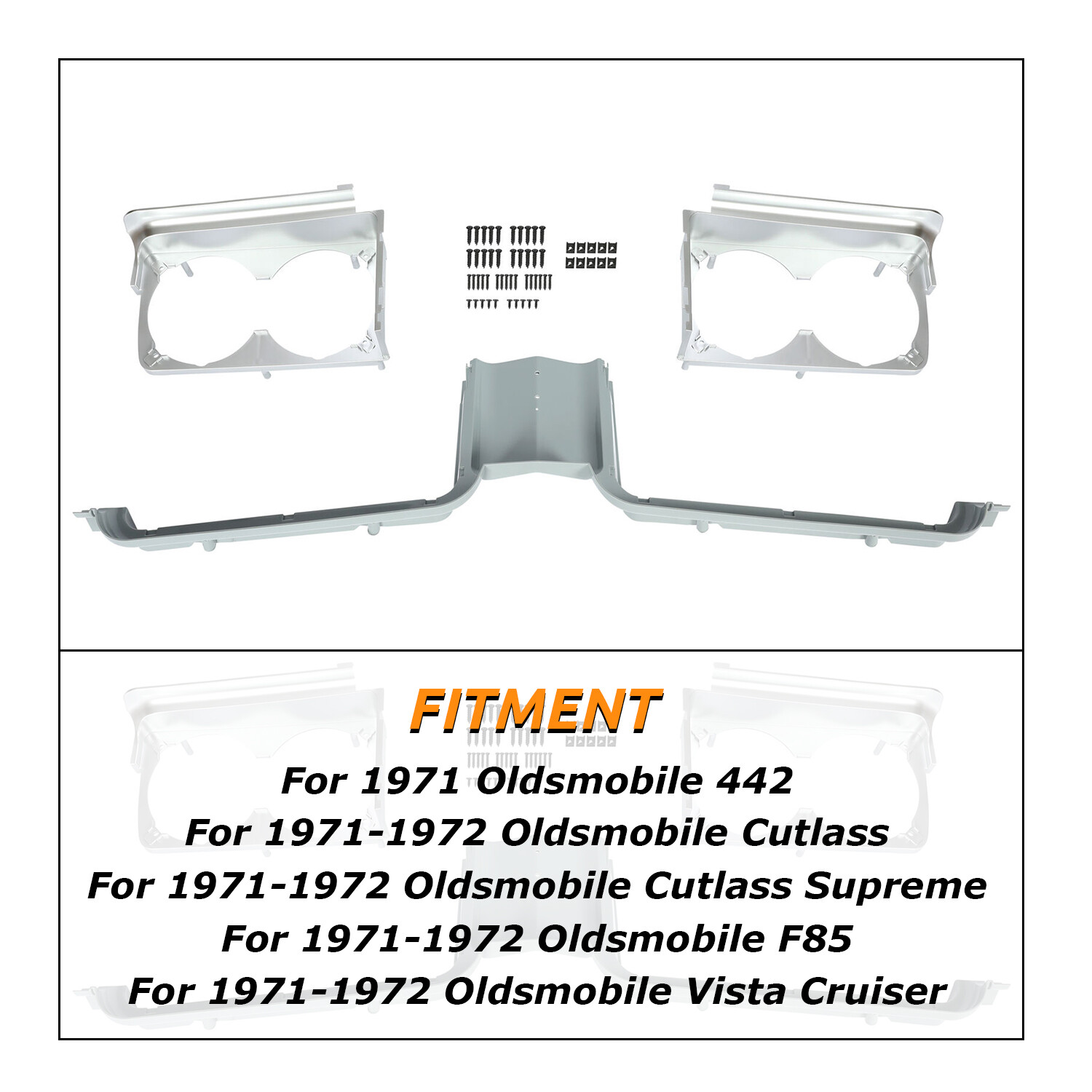 For 1971 1972 Oldsmobile Cutlass Headlamp Housings & Grille Center Stone Shield