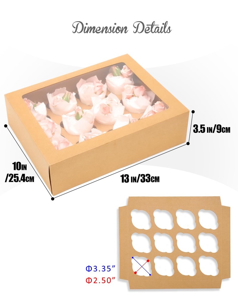 Cupcake Boxes 40 PCS Auto-pop Up Window 12 Count Container Ribbons Brown