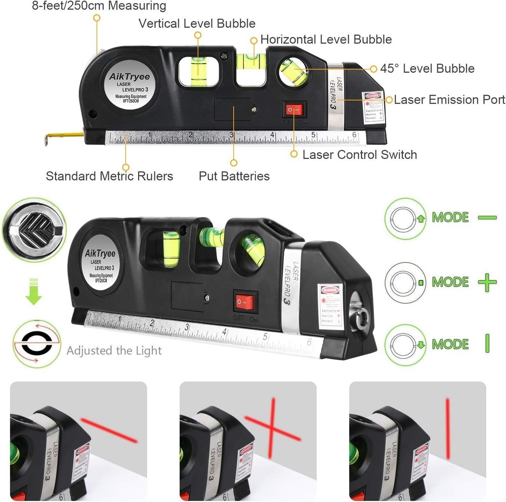 Multipurpose Cross Line Laser Level Tool with 8ft Measuring Tape for Precision