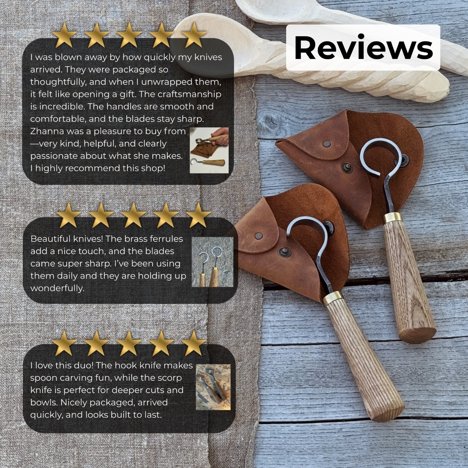 1.18in Blades 2-pieces Hook And Scorp Carving Knife Set 52100 Steel With Sheaths