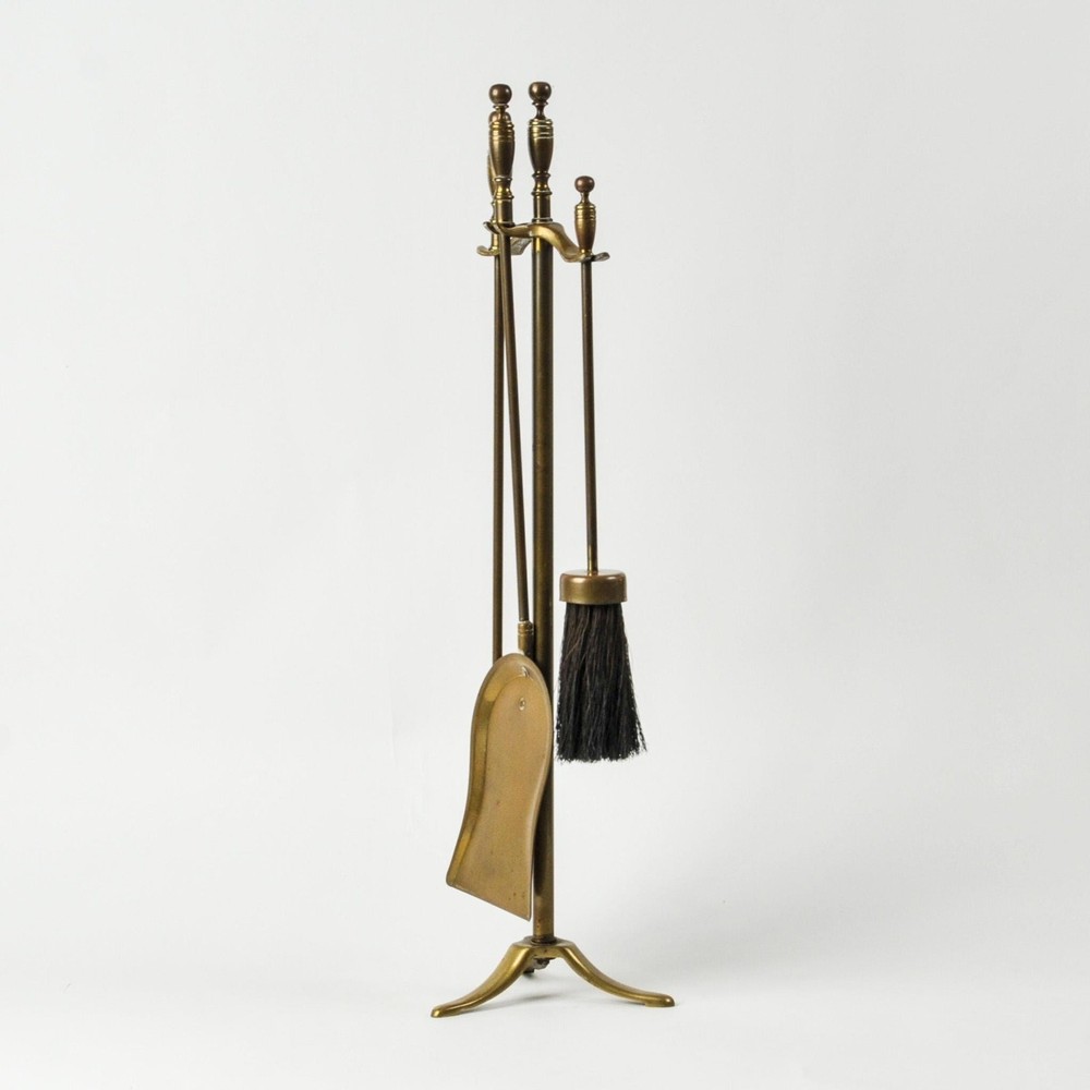 Vintage Solid Brass Fireplace Tool Set Small Four Piece Hearth Set