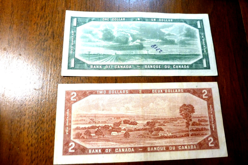 2 CANADA BANKNOTES 1954 One & TWO Dollar Bills AU