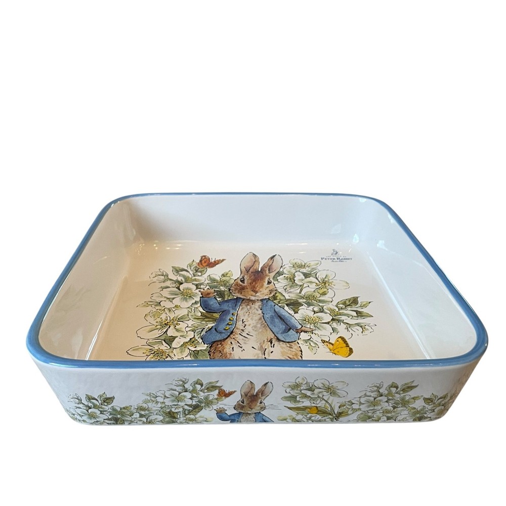Beatrix Potter Peter Rabbit 9" Square Ceramic Baker Blue Rim Easter Bakeware NEW