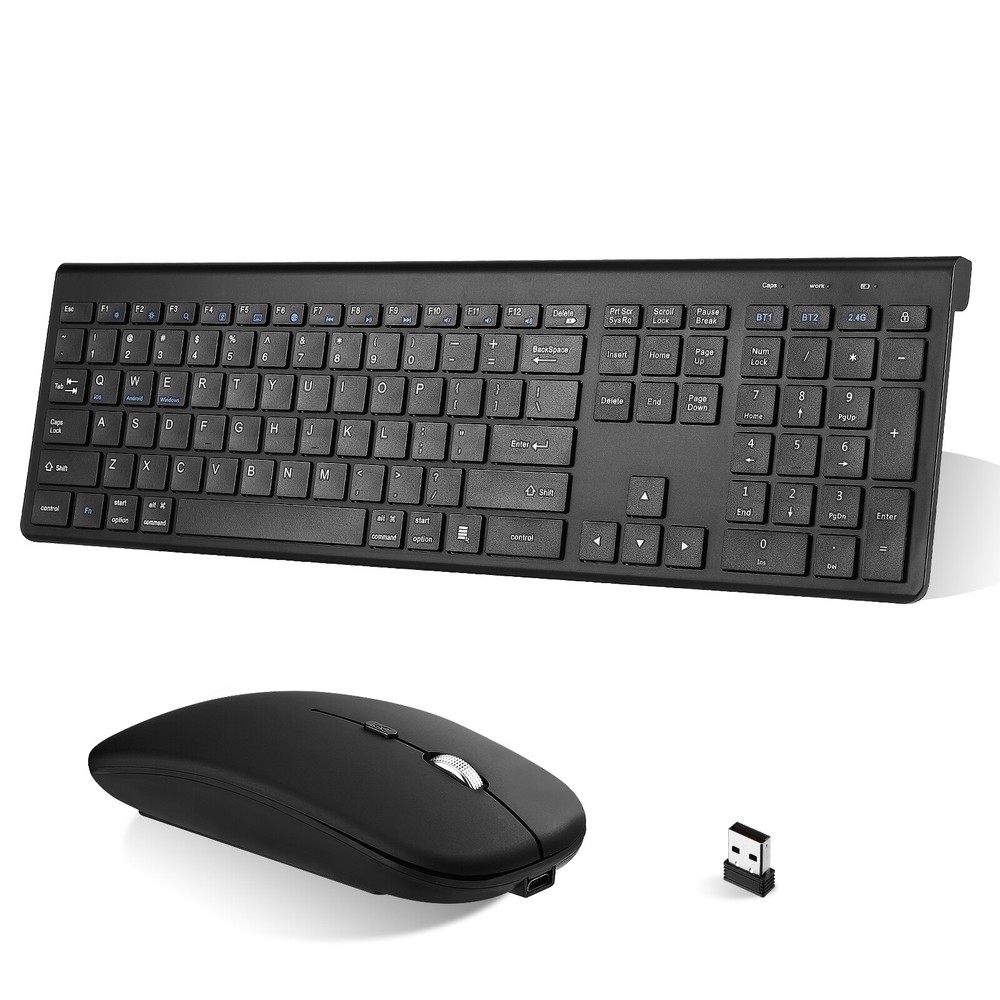 Plug & Play Compact Rechargeable Wireless Bluetooth & 2.4Ghz Full Size Keyboard