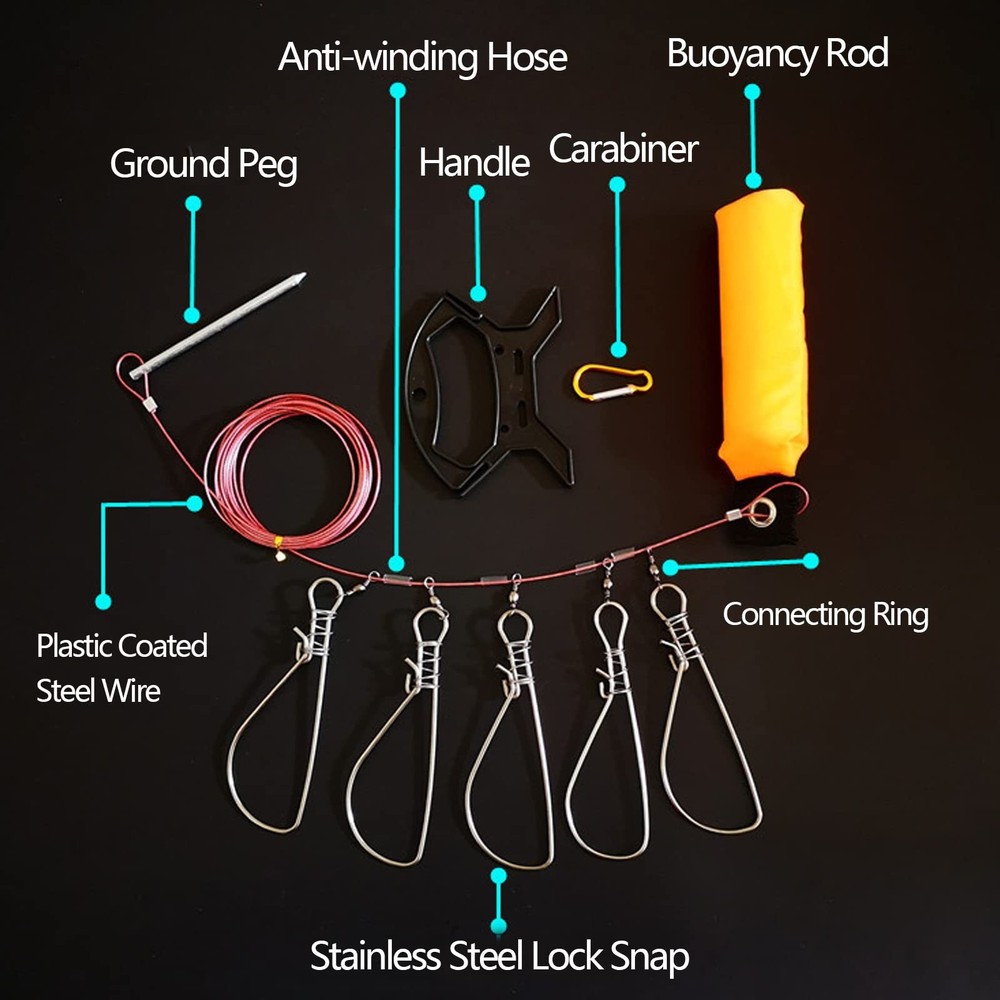 Stainless Steel Fish Stringer Clip with Float and Plastic Handle Big Fish Wi...