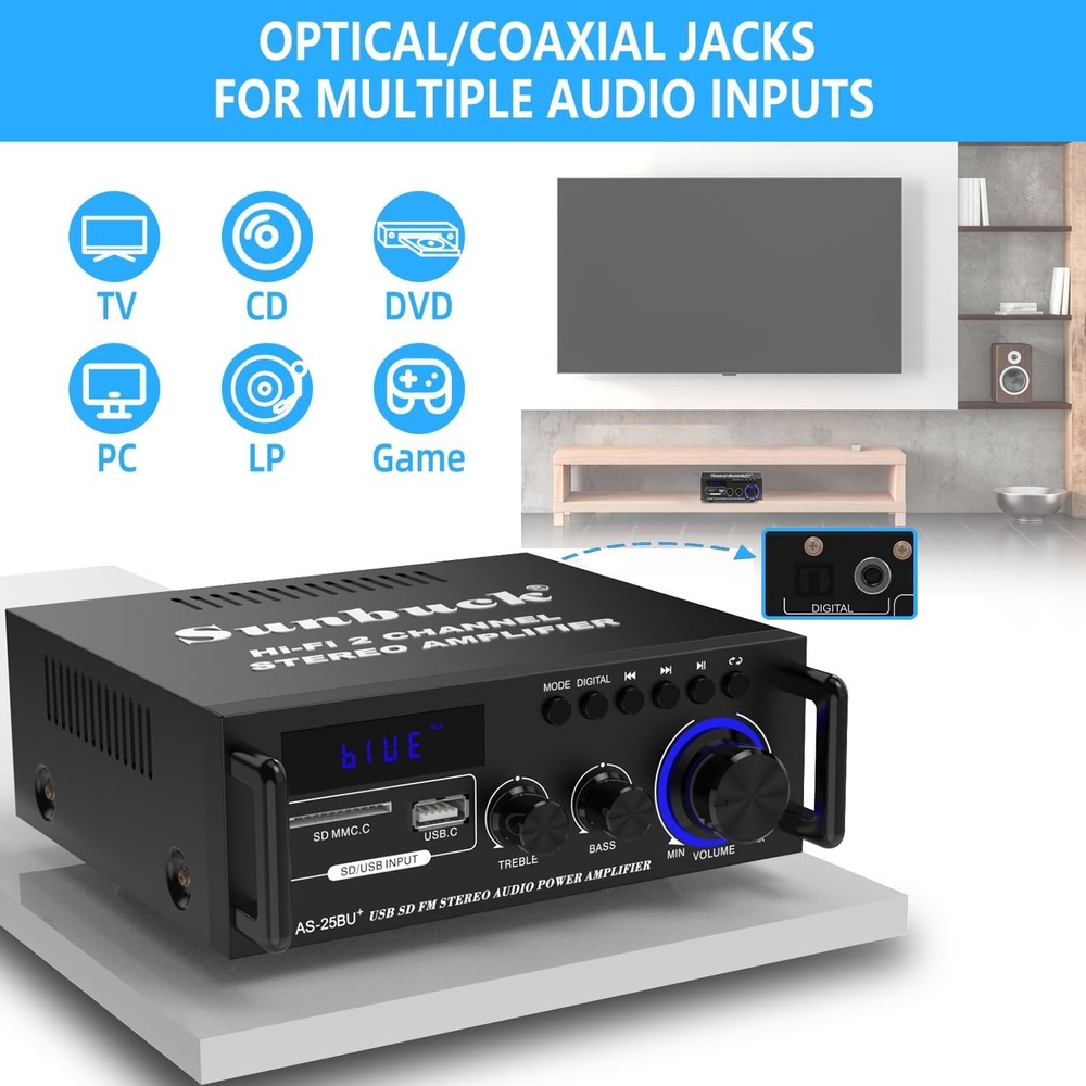 Sunbuck Small Stereo Amplifier, Receiver with Bluetooth, Black