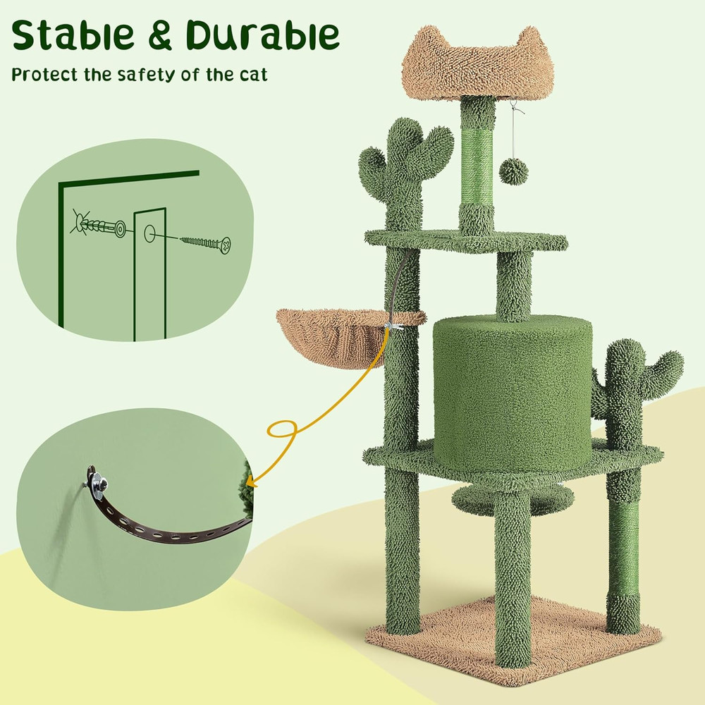 Cactus Cat Tree Tower - 53.5" Multi-Level Playhouse with Scratching Post & Perch