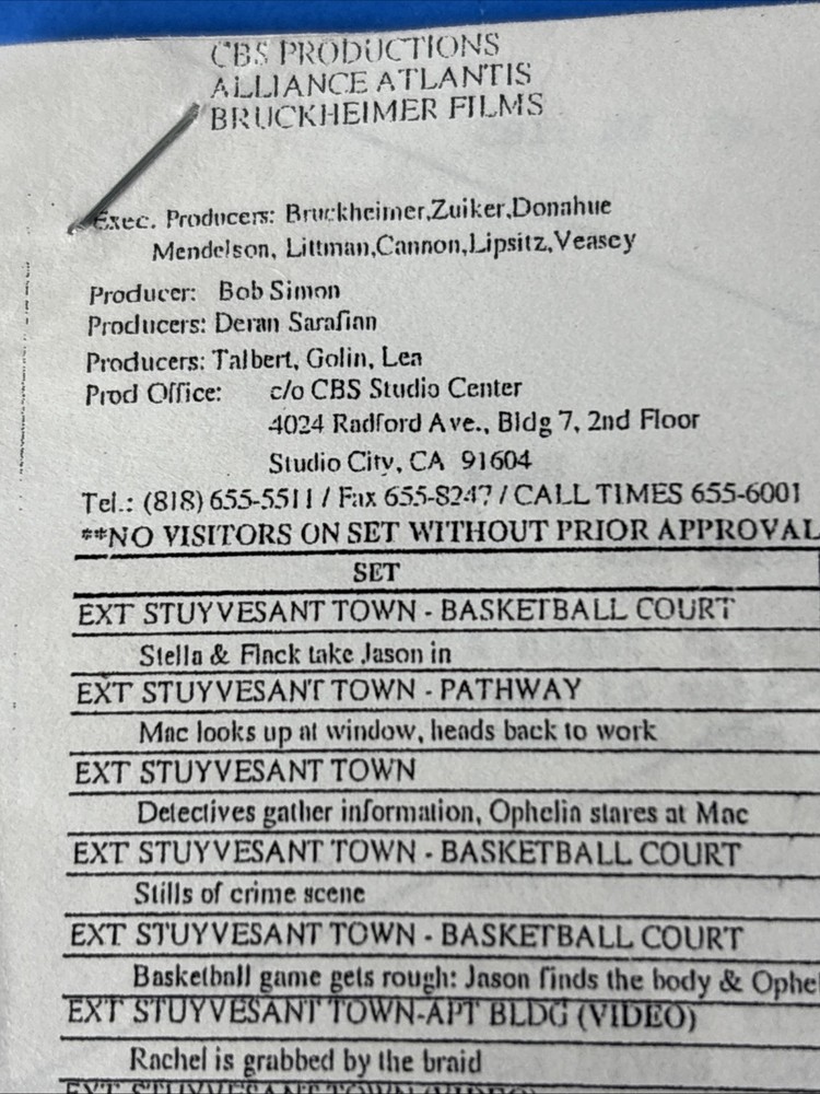CSI NY Call Sheet & Script Order S1 Ep. 10 "NIGHT, MOTHER" Gary Sinise 2004 TV