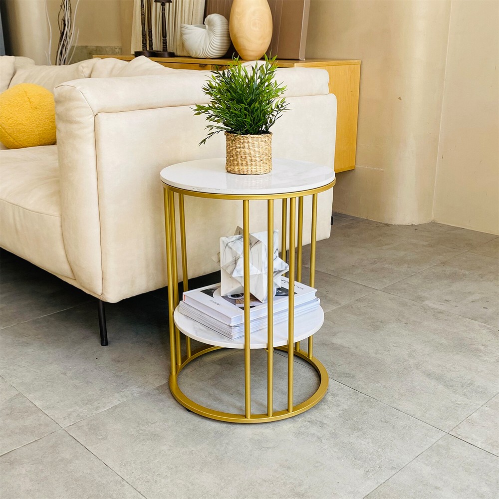 Gold Side End Table, 2 Tier Round Marble Side Table with Storage Shelf Modern