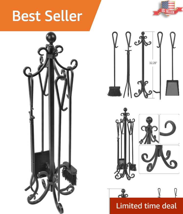 Rustic 5-Piece Fireplace Tool Set with Heavy-Duty Base and Ergonomic Tools