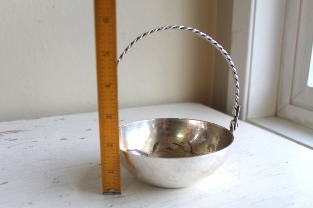 Low Silverplate Metal Bowl with Twist Swing Handle Easter Basket Incense Burner