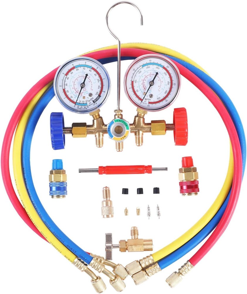Efficient AC Manifold Gauge Set with Can Tap & Quick Couplers for Easy Operation