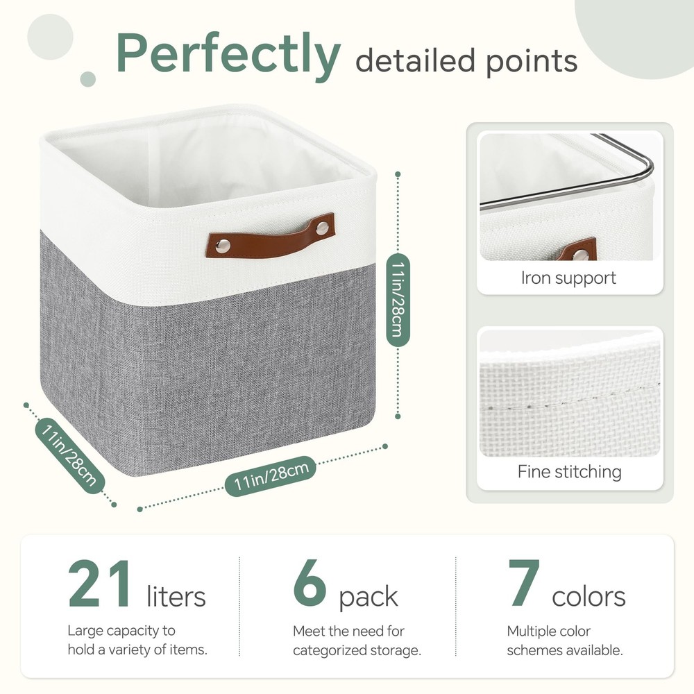 Cube Storage Baskets 6 Pack, 11x11 inch Cube Storage Bins with Leather Handle...
