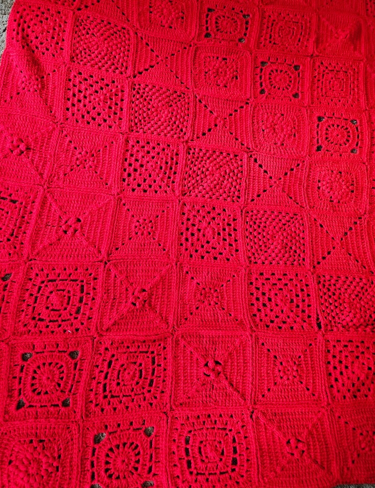 Granny Square Crochet Blanket (RED) preowned  size 64 by 50