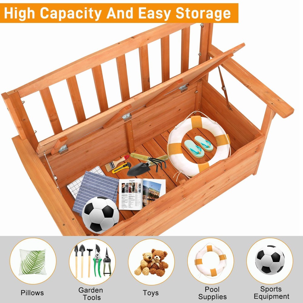 Yard Storage Bench Deck Box Wood Seating Container Tools Toys with Backrest