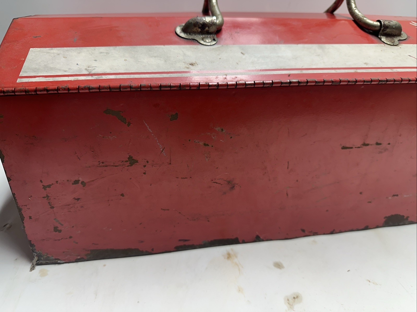 Vintage Metal Tool Box Red with White Road Runner Decal