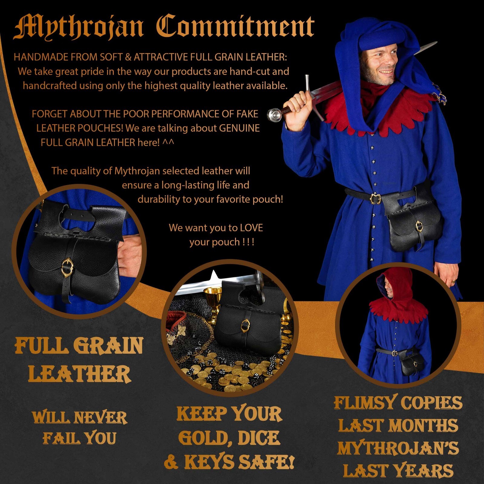 Medieval Leather Belt Pouch with Buckle Loop Reenactment Costume Bag Black