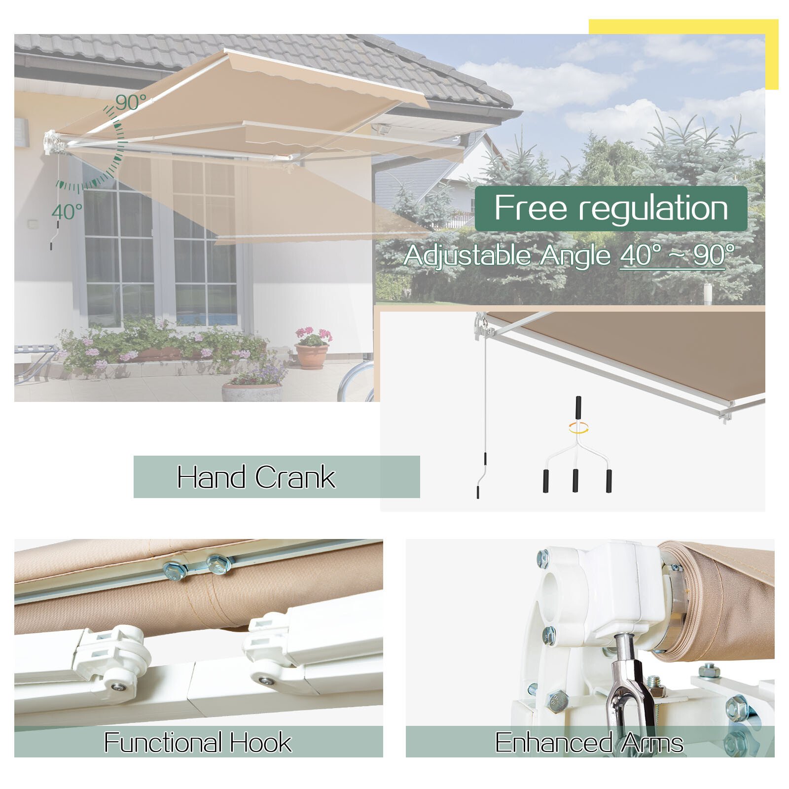 Retractable Patio Awning Sun Shade Cover with Manual Crank Handle,Multiple Sizes