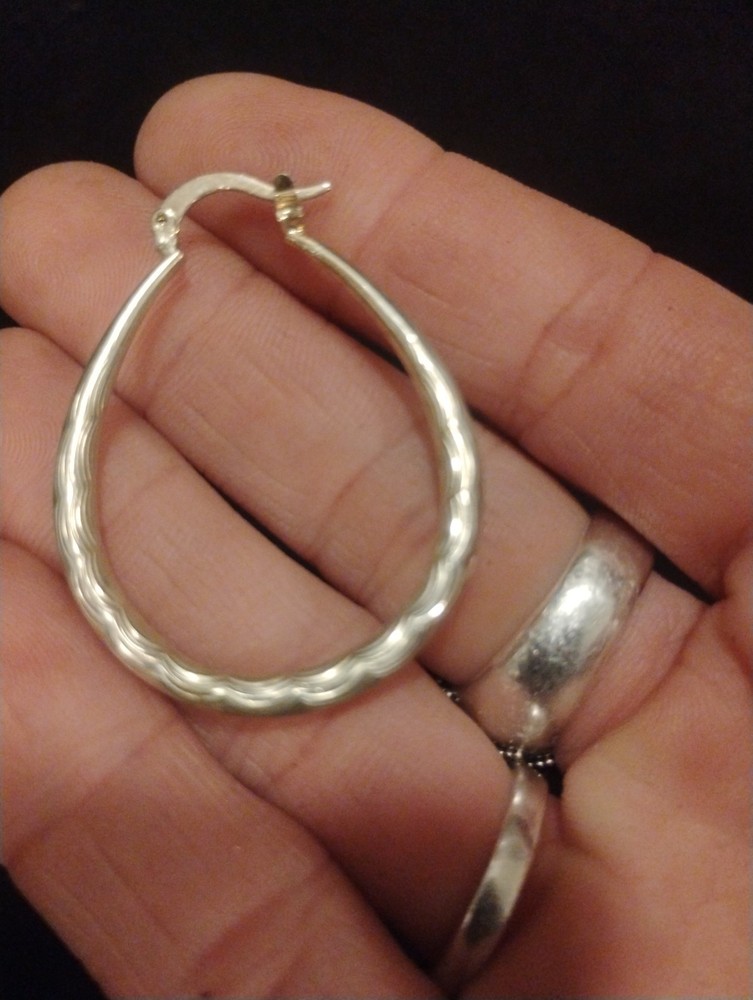 VTG .925 Sterling SIlver Oval Lever Back Hoops Etched Wave Pattern 1.5 In