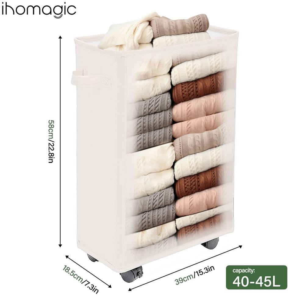 Laundry Basket, Slim Storage Basket with Wheels, Collapsible Rolling Laundry ...