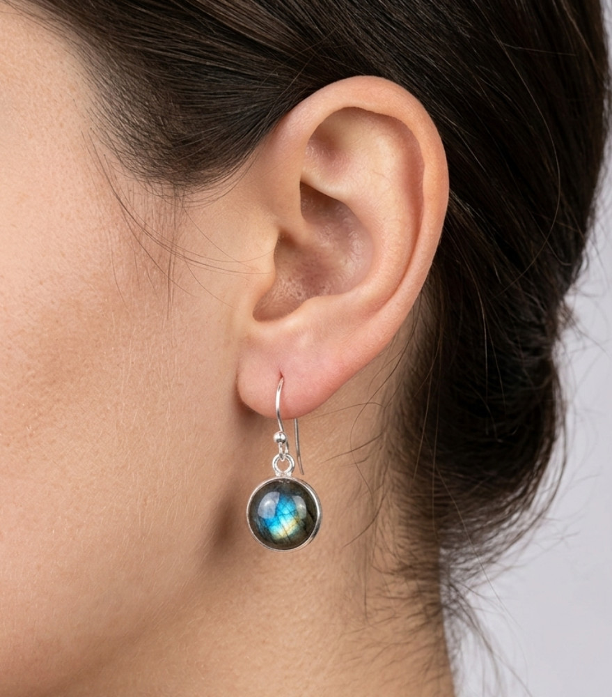 925 Solid Sterling Silver Labradorite Round Shape Hook Earring - 1.2 Inch
