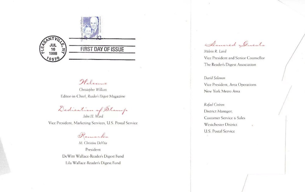 LILA & DEWITT WALLACE PHILANTHROPISTS #2937 1998 First Day Ceremony Program
