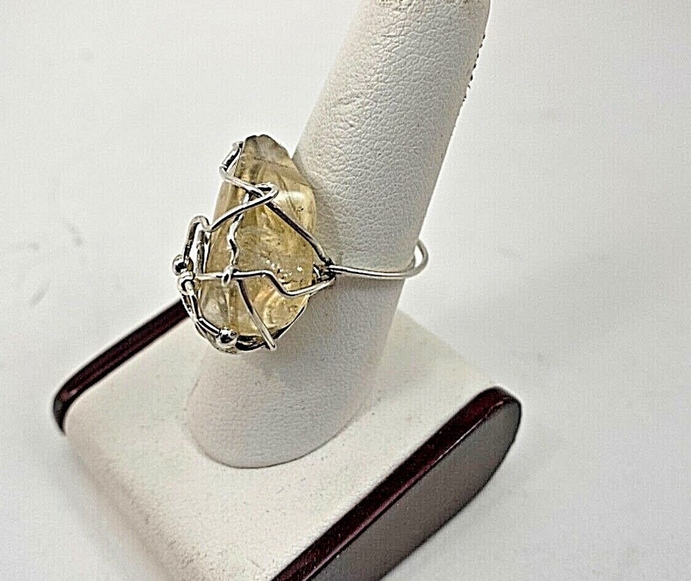 Handmade ~ Sterling Silver .925 Wire Wrapped Citrine Crystal Ring Sz 8
