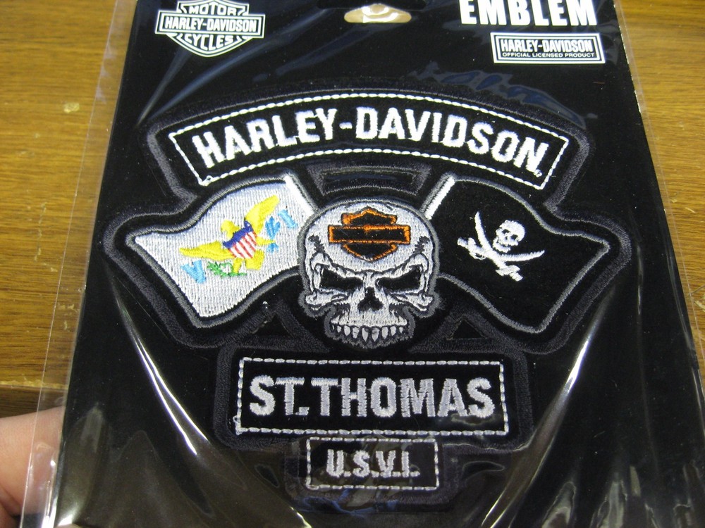 Harley Davidson Emblem 5" Sew On Patch - Caribbean St. Thomas Skull & Flags