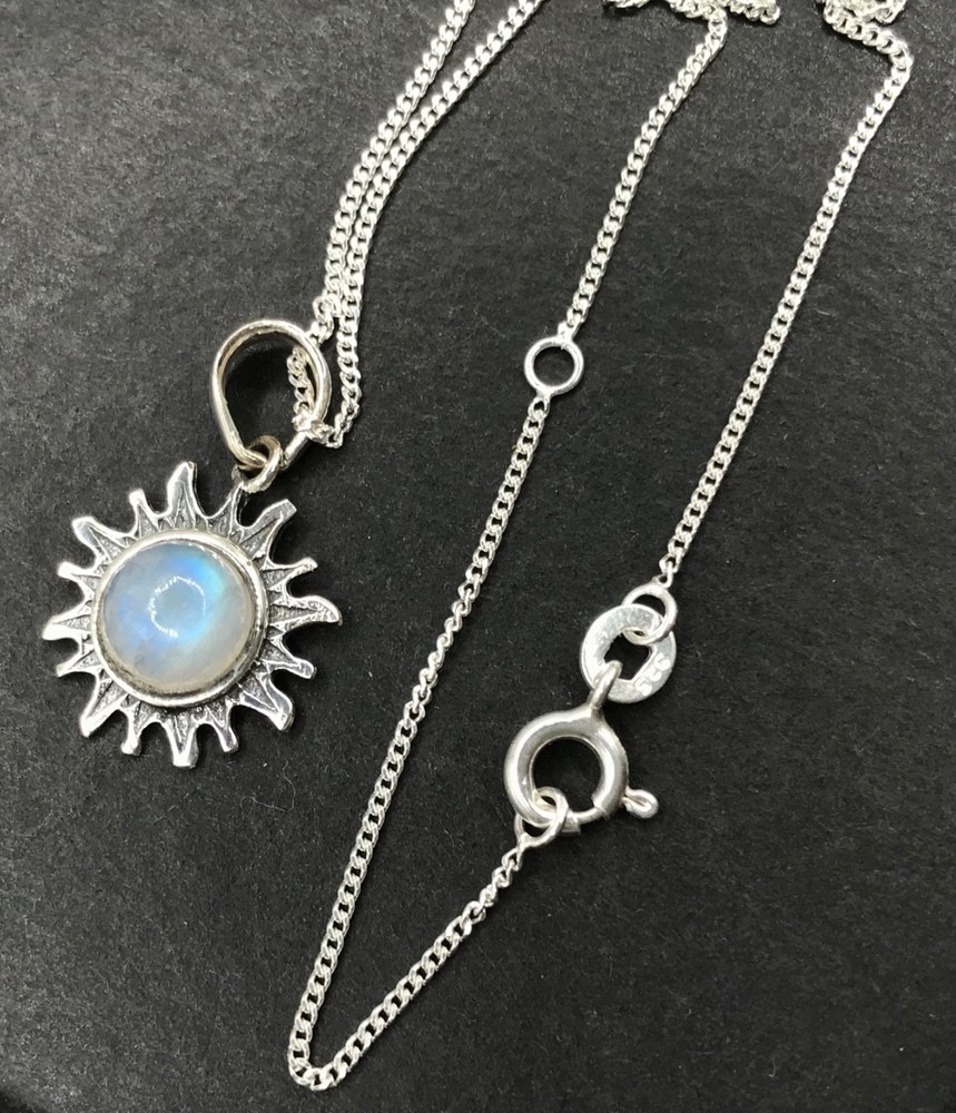 Rainbow moonstone pendant earrings set, solid Sterling silver, sun, gift box.