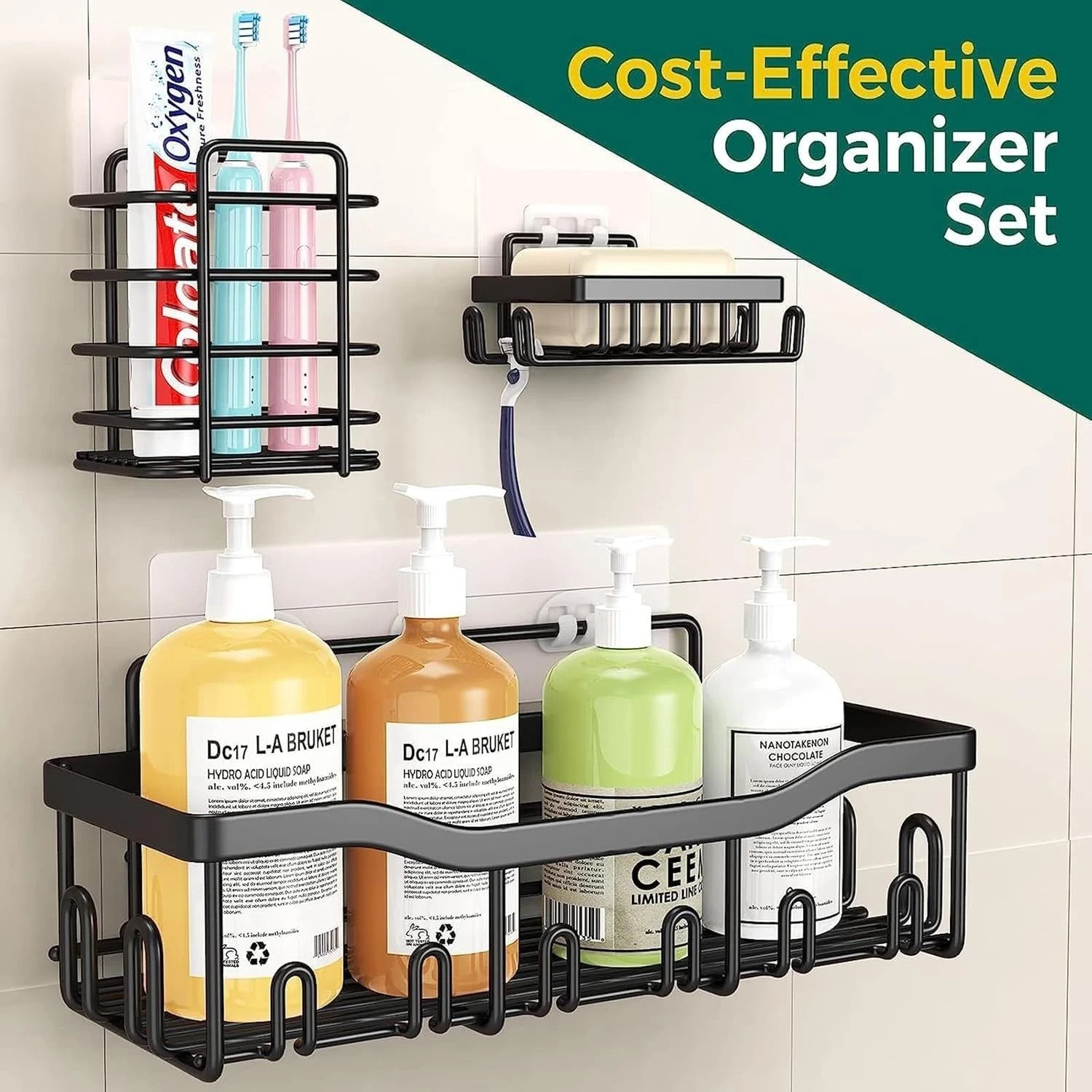 5 Pack/Set Shower Caddy Adhesive Shower Organizer for Bathroom & Kitchen | Black
