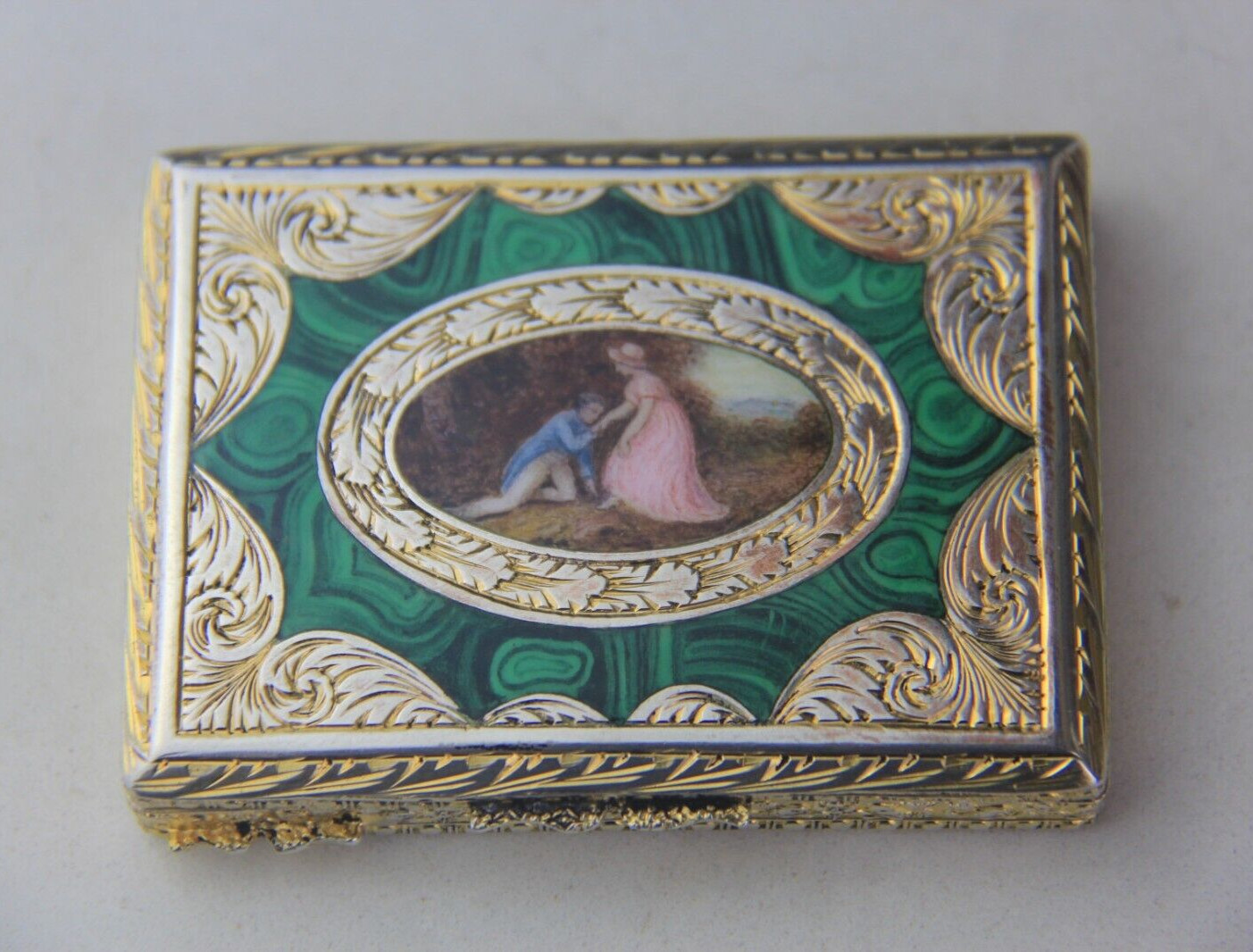 German Parcel Gilt 800 Silver & Enameled Rectangular Snuff Box w/ Courting Scene