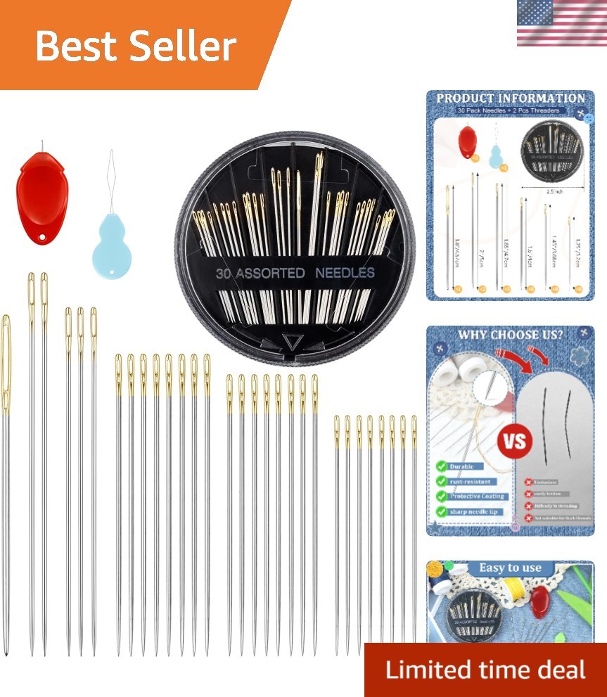 Versatile 30-Piece Needle Set for Hand Sewing, Quilting & Embroidery Projects