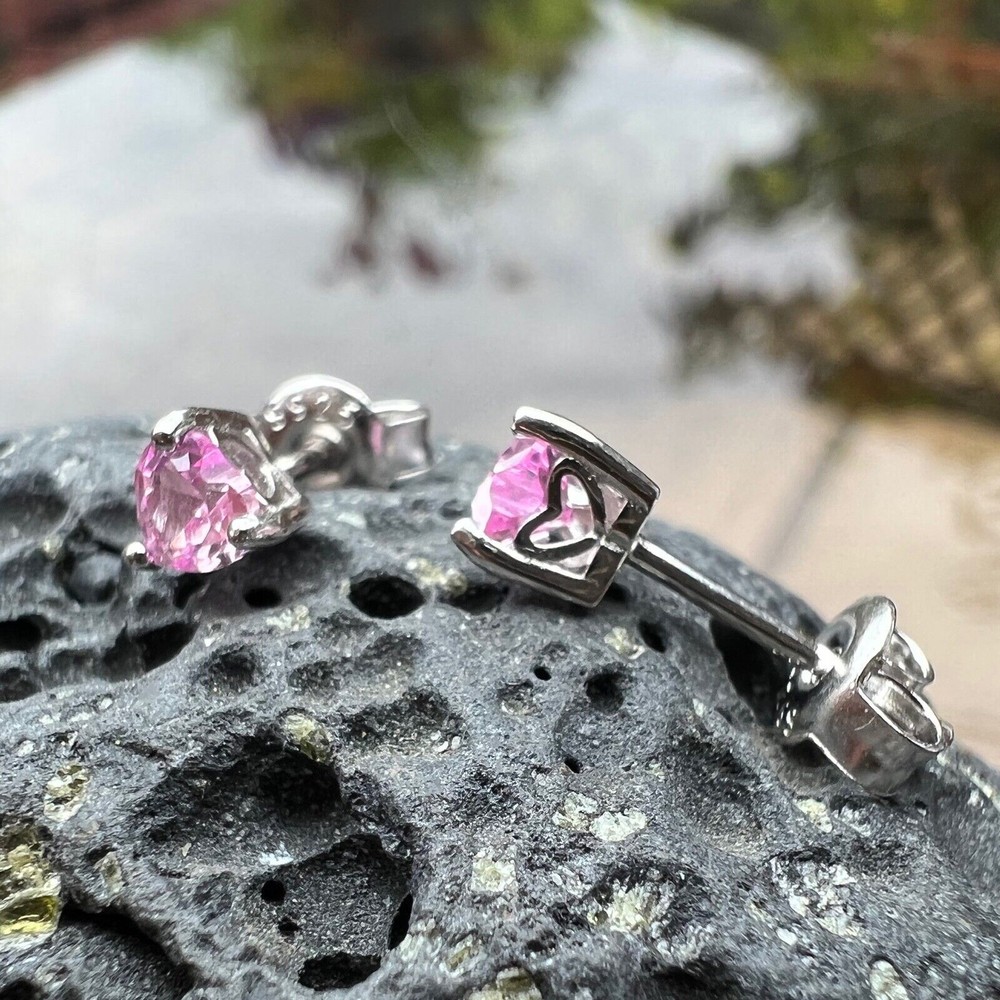 Tiny Lab Grown Pink Sapphire Heart Stud Earrings Solid Sterling Silver 925