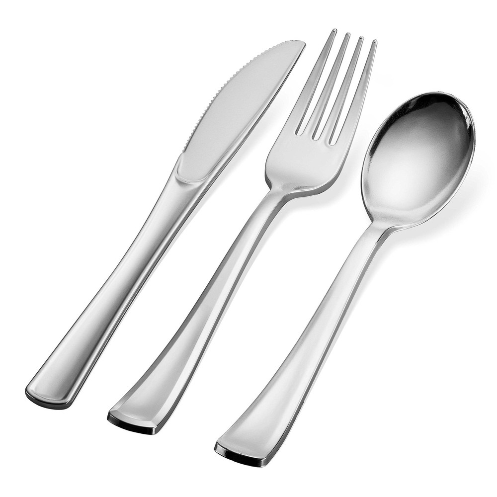150 Silver Plastic Silverware Set - Disposable Flatware Standard,