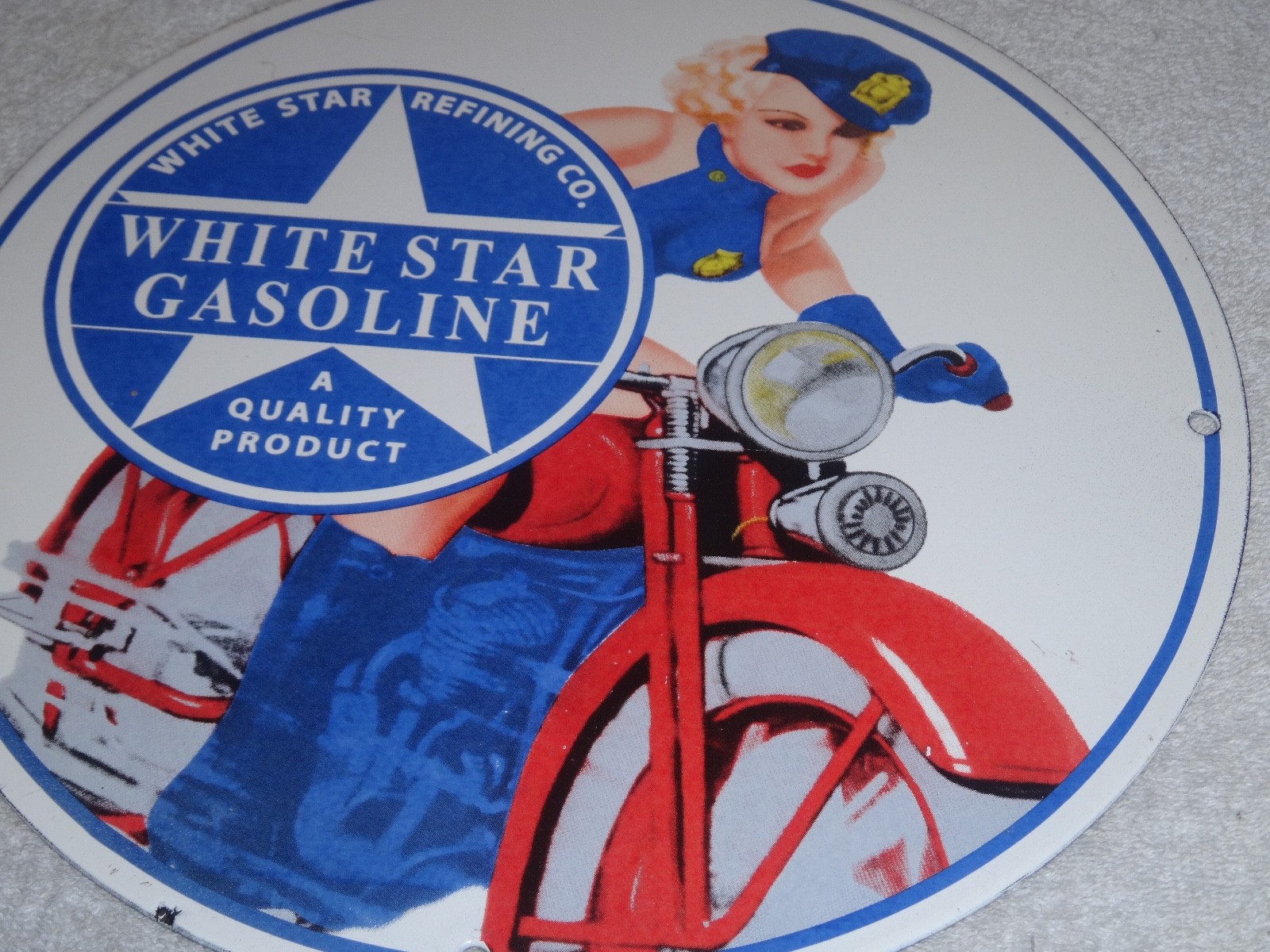 VINTAGE WHITE STAR GASOLINE "WOMAN ON MOTORCYCLE" 12" PORCELAIN METAL MOBIL SIGN