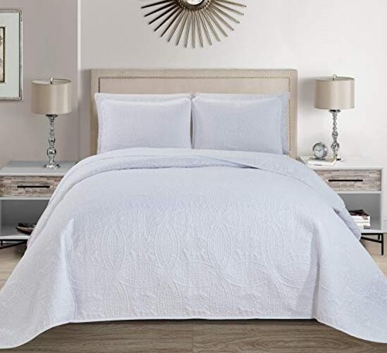 Mk Collection 3pc Solid Embossed Bedspread Bed Cover Over Full/Queen White