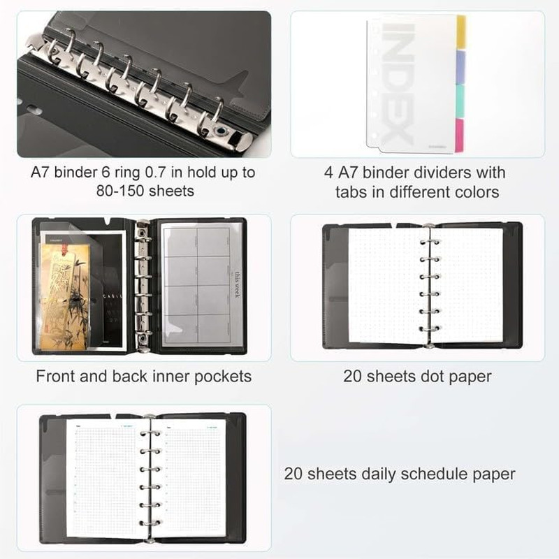 A7 Binder 6 Ring Notebook with Dividers Refillable Planner Binder with Pockets,